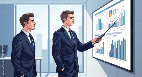 Vector illustration of a male couple in a corporate office during a presentation, one pointing to a screen with graphs while the other observes, soft and professional colors.
