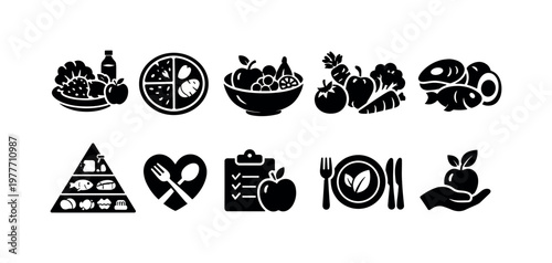 Collection of healthy eating and nutrition icons representing balanced diets
