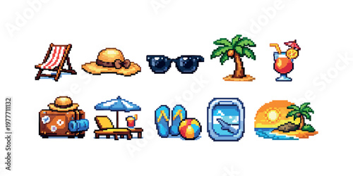 Pixel art collection of summer vacation and travel icons