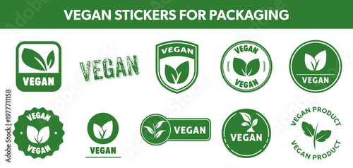 Vegan - green stickers with leaves icons. Stamps for product packaging.