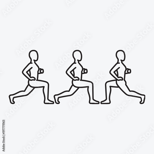 Three stick figures demonstrating a lunge exercise in sequence