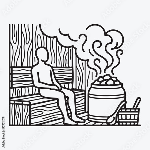 Man relaxing in a sauna with hot stones and bucket