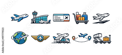 Collection of airplane and travel icons representing air transportation and logistics