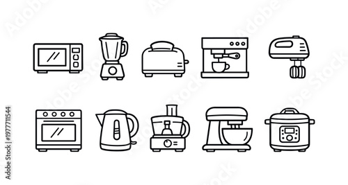 Collection of kitchen appliance icons in a clean, modern line art style