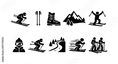 Collection of black ski icons representing winter sports and mountain activities