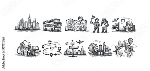 Collection of hand-drawn travel and city icons depicting journeys and exploration