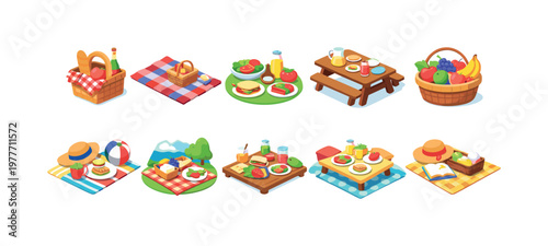 Collection of isometric picnic scenes with food, baskets, and blankets