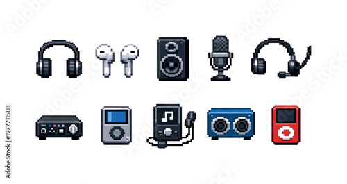 Collection of pixel art audio devices and music players on a white background