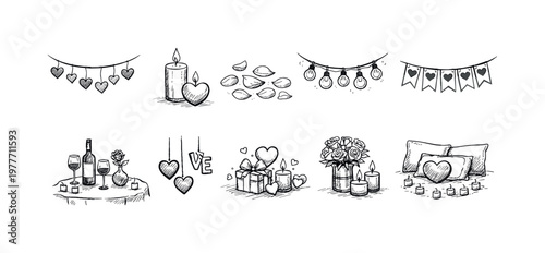 Romantic Valentine's Day elements collection with hearts, candles, and gifts