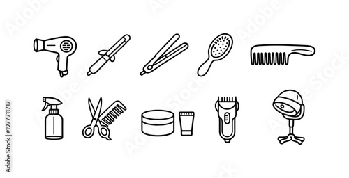 Collection of essential hair salon and barber tools in a clean line art style
