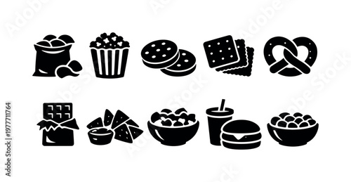 Collection of popular snack food icons in a clean, modern graphic style