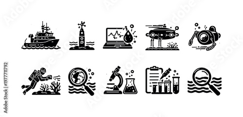 Collection of marine science and oceanography research icons