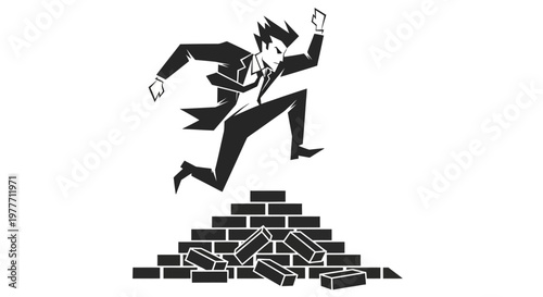 Businessman Jumps Over Bricks.