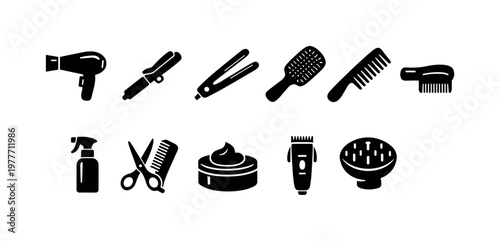 Collection of black icons representing hair styling tools and products on a white background