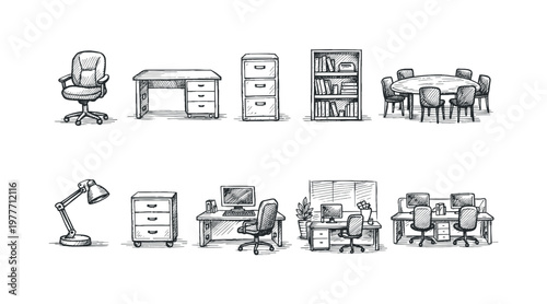 Collection of hand-drawn office furniture and workstations in a sketch style