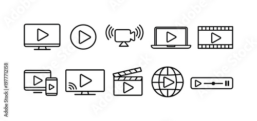 Collection of modern video playback and streaming icons on a white background