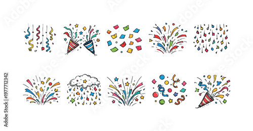 Collection of hand-drawn festive elements like confetti, streamers, and party poppers