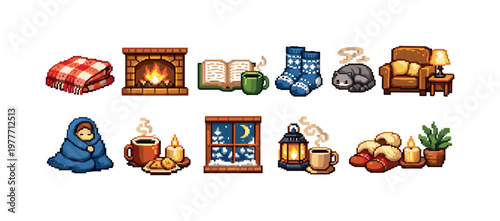 Cozy pixel art icons for winter hygge and warm home comfort