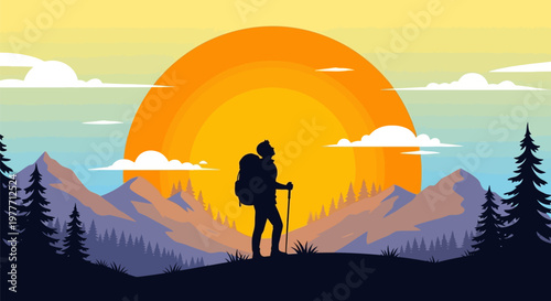 Wallpaper Mural Hiker silhouette at sunset mountain. Torontodigital.ca