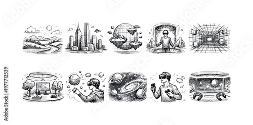 Diverse hand-drawn scenes depicting virtual reality experiences and futuristic concepts