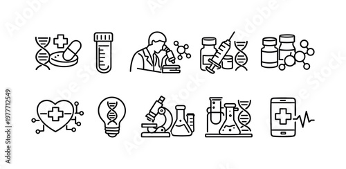 Collection of medical and scientific research icons including DNA, microscope, and pills