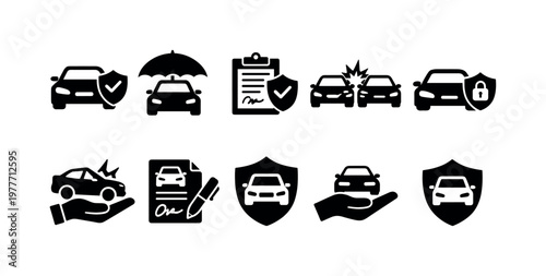 Collection of car insurance icons representing protection and security