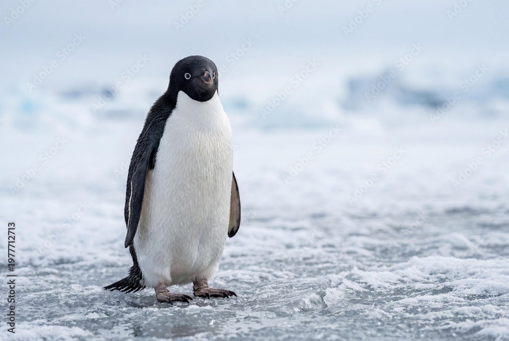 Fototapeta premium Stunning portrait of an Adelie penguin standing on the frozen ice and snow of Antarctica with a soft bokeh arctic background, beautiful wildlife photography of a flightless bird in nature