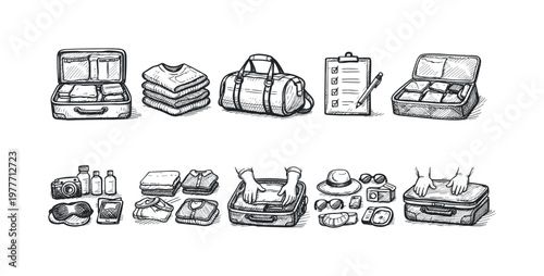 Hand-drawn illustrations of travel essentials and packing activities
