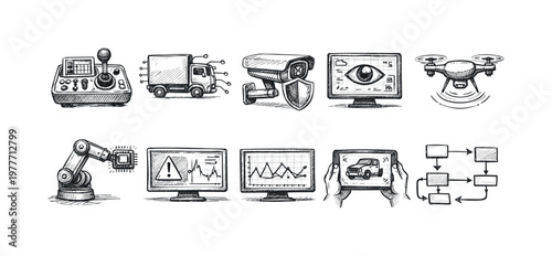 Collection of hand-drawn icons representing modern technology and automation concepts