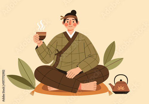 Wallpaper Mural Man drinking tea sitting cross-legged. Torontodigital.ca