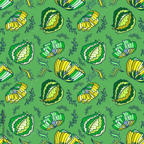 Seamless pattern with yellow and green flowers doodle illustration