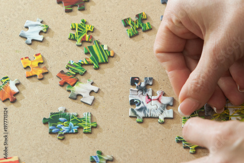 A woman is assembling puzzles at home in natural light. Only hands are visible.