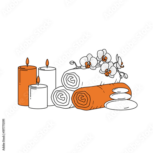 Spa Wellness Set with Towels Candles and Stones Minimal Line Art Vector