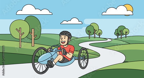 Man riding blue recumbent bike.