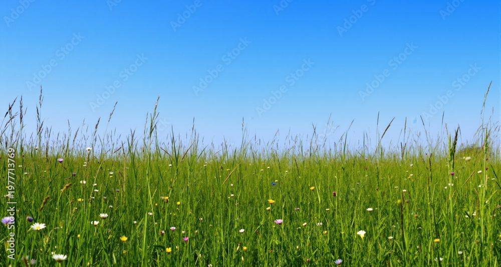 Obraz premium Spring Field with Long Grass, Wild Flowers and clear blue sky. Nature Background with copy space. 