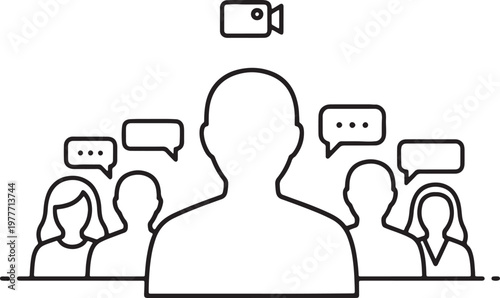 Conference icon with people and chat bubbles above heads, video confer