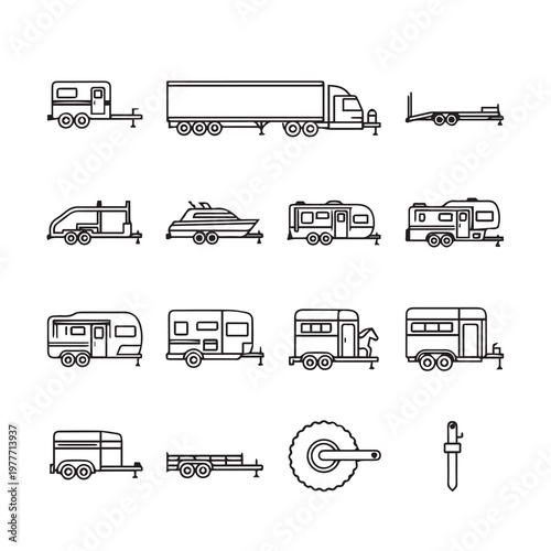 Collection of simplified line art vector illustrations of various trailers and recreational vehicles