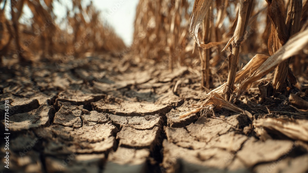 Fototapeta premium Dry Cracked Soil in Cornfield