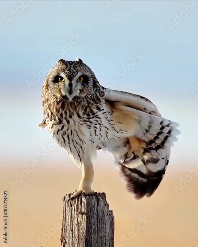 A short-eared owl perched on a wooden post in a serene natural landscape during a peaceful video recording session.