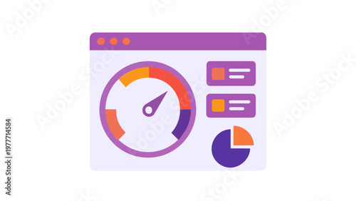 Business intelligence dashboard vector icon illustration featuring a performance gauge, pie chart, and data widgets in a browser window for data analytics, monitoring, and reporting.