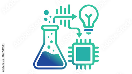 Vector icon illustration of scientific research converting to ideas and technology, featuring a lab flask, bar chart, lightbulb, and microchip in a modern teal gradient flat minimalist style.