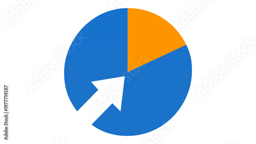 Data mining and analytics vector icon illustration featuring a blue and orange pie chart with a white arrow pointing to the center, representing business insights and financial statistics.