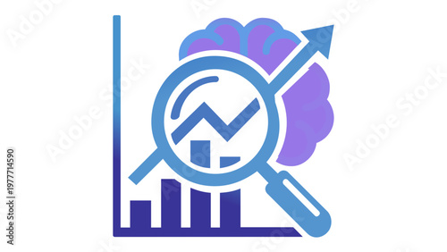 Vector icon illustration of data analytics and conversion rate optimization featuring a magnifying glass over a line graph, bar chart, and human brain with an upward growth arrow for business.