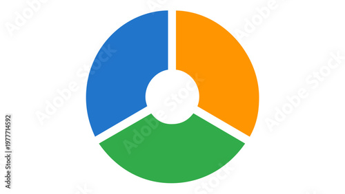 Minimalist data mining and analytics vector icon illustration featuring a three-part circular pie chart in vibrant blue, orange, and green segments, perfect for business and technology reports.