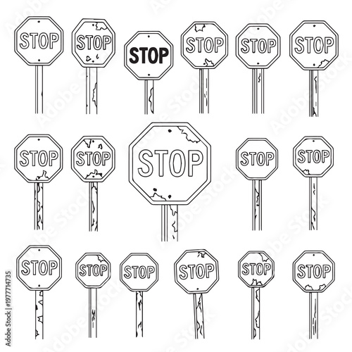Collection of weathered stop signs illustrating caution during difficult times