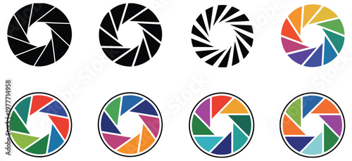 Lens, camera vector icon collection with aperture and shutter symbols, representing photography, focus control, and cinematic film production, clean modern flat design