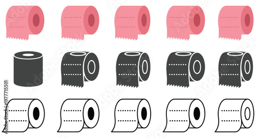 Roll, tissue paper icon set featuring toilet paper roll symbols with different tear styles, hygiene and household concept, modern flat vector