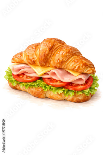 Croissant Sandwich with Ham Cheese with Tomatoand Lettuce Isolated on White Background