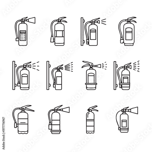 Fire Extinguisher Icons in Line Art Style for Safety and Prevention Concepts