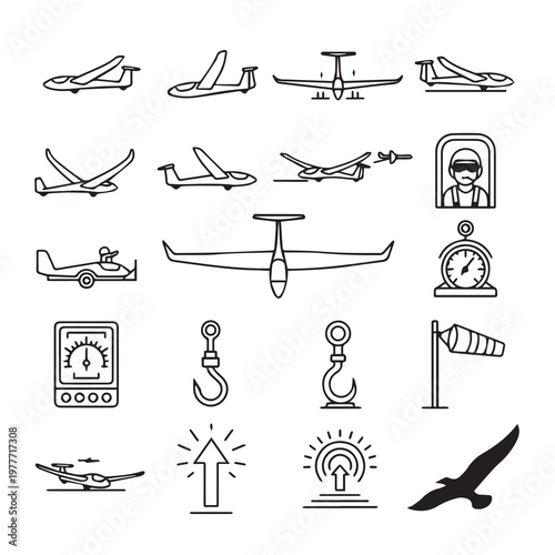 Glider aircraft and aviation icons with a bird and windsock for sports and travel concepts